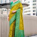 Elegant Yellow Green Banarasi Silk Saree and Designer Border