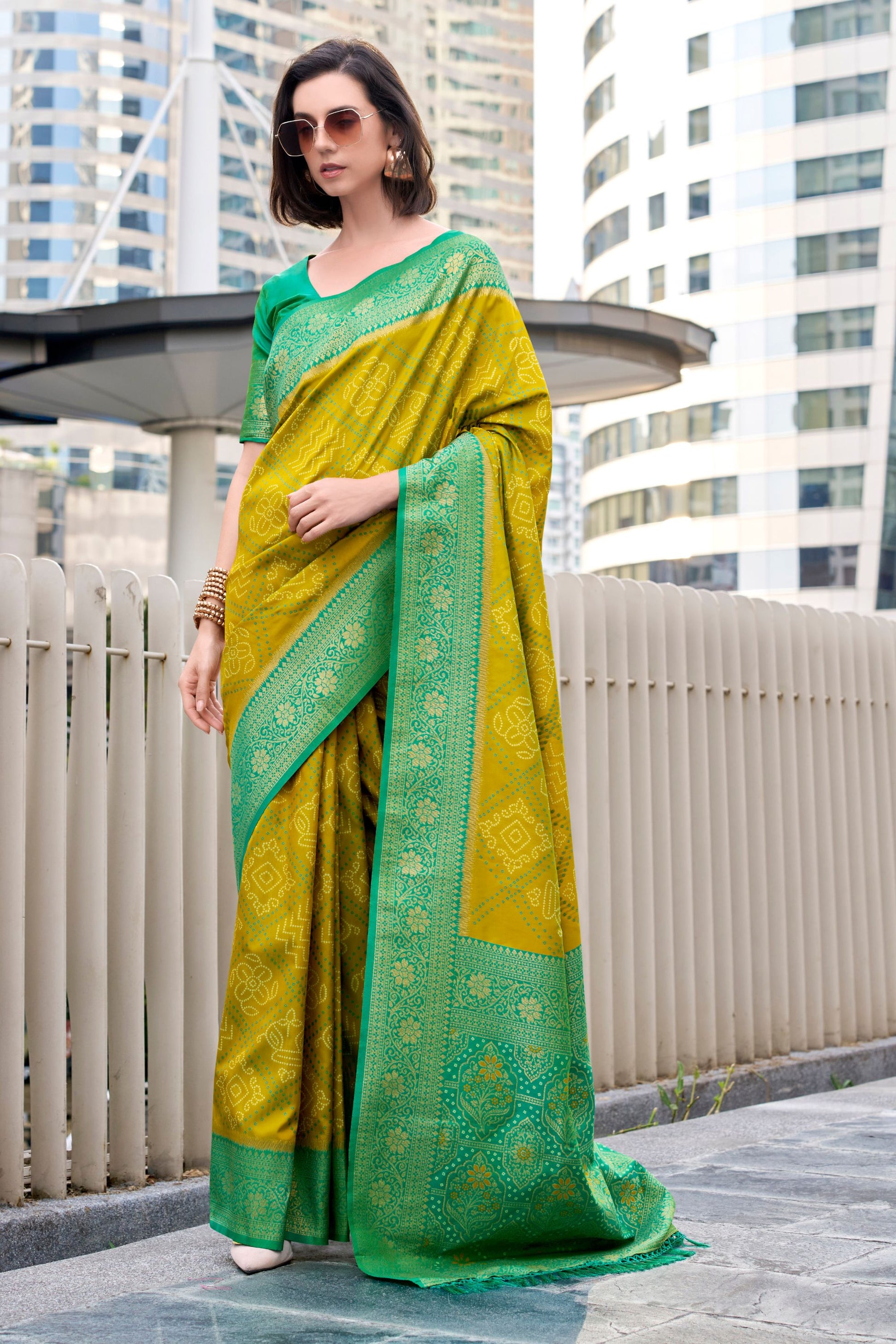Elegant Yellow Green Banarasi Silk Saree and Designer Border