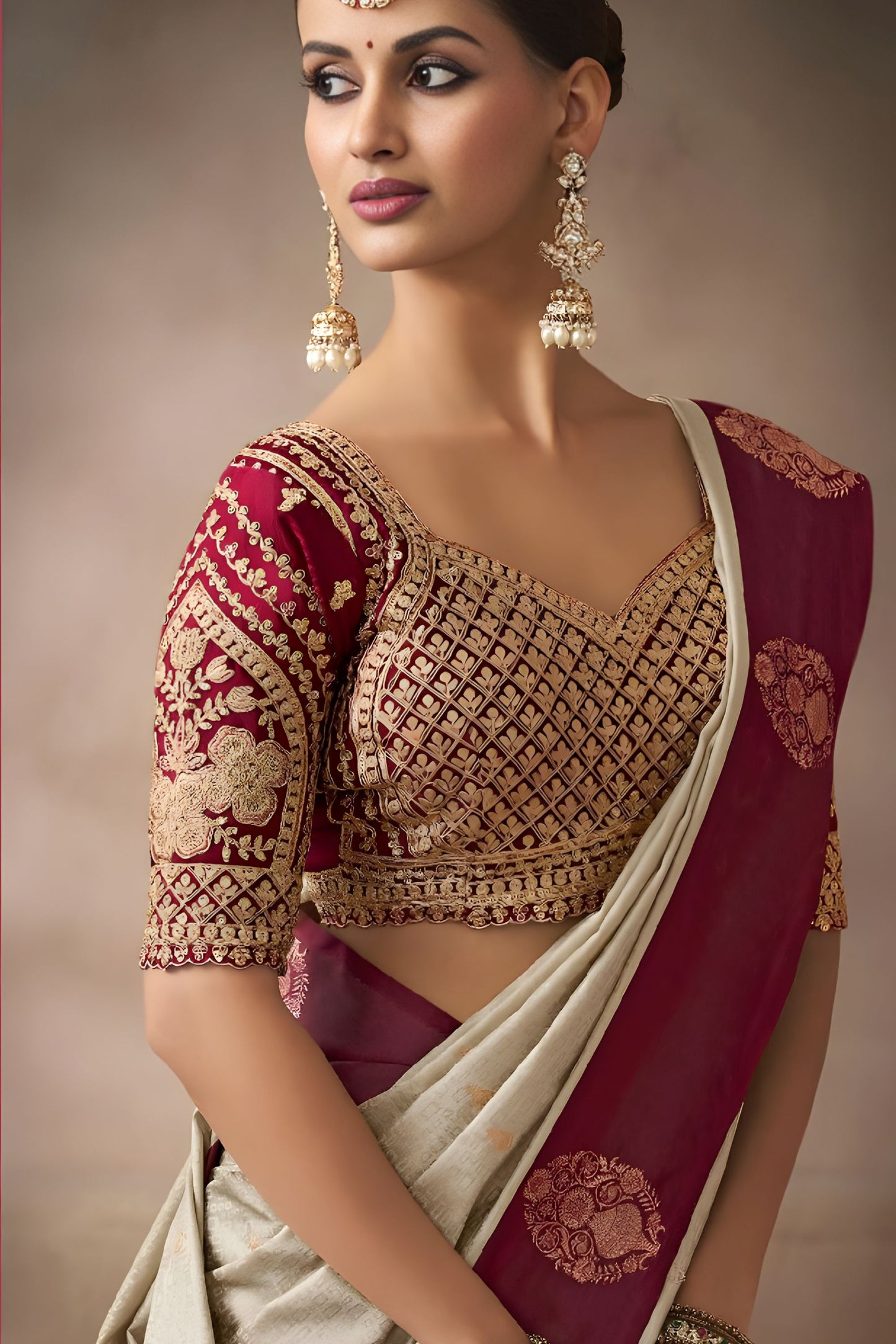 Cream Silk Saree with Maroon Border Rich Zari