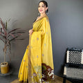Mustard Yellow Linen Cotton Saree Artistic Elephant Print Pallu