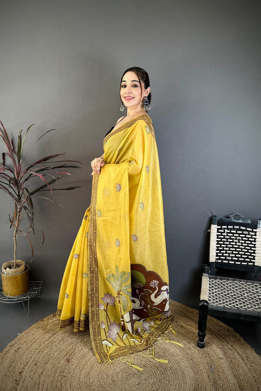 Mustard Yellow Linen Cotton Saree Artistic Elephant Print Pallu