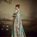 Sea Green Linen Silk Saree Floral Digital Print Designer Tassel Pallu