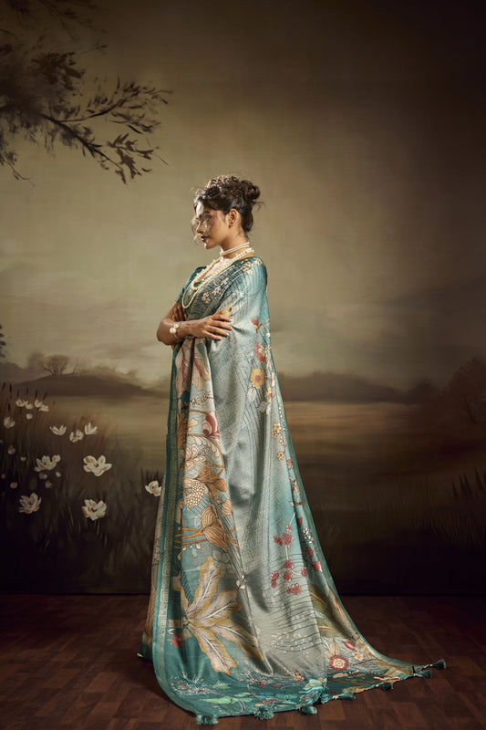 Sea Green Linen Silk Saree Floral Digital Print Designer Tassel Pallu