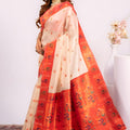 Off White Paithani Silk Saree with Coral Orange Zari Border and Traditional