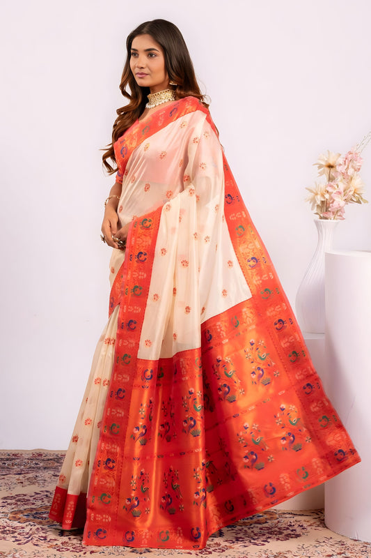 Off White Paithani Silk Saree with Coral Orange Zari Border and Traditional