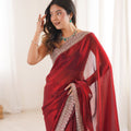 Luxury Wine Red Organza Saree with Designer Embroidered Border