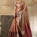 Royal Beige Banarasi Silk Saree with Pink Zari Border Floral Weaving Saree