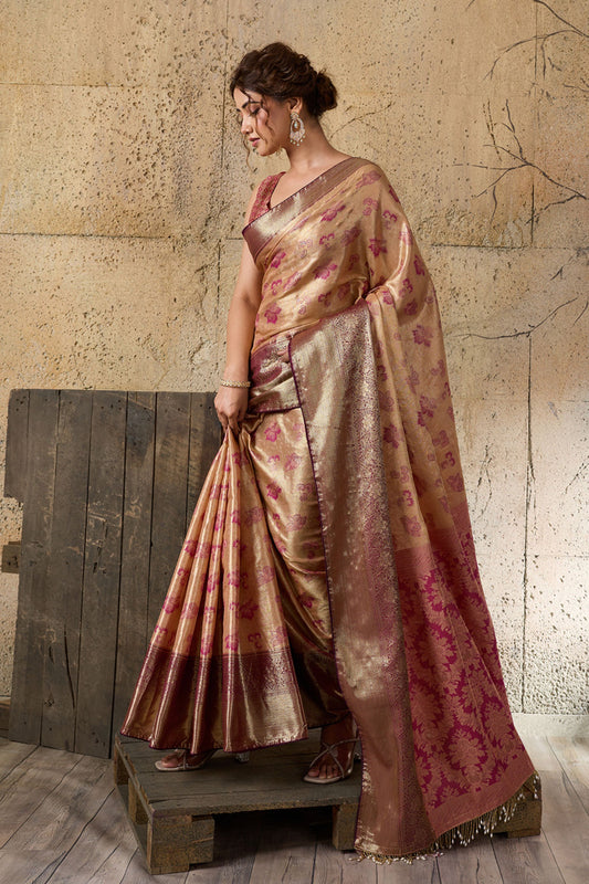 Royal Beige Banarasi Silk Saree with Pink Zari Border Floral Weaving Saree