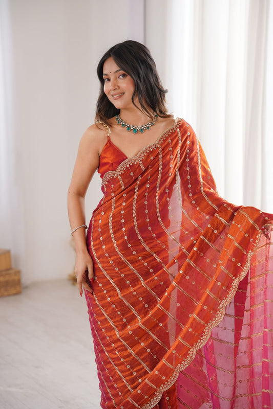 Luxury Rust Orange Organza Silk Saree Golden Zari Embroidery Designer Blouse