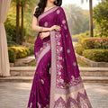 Purple Banarasi Silk Saree with Silver Zari Floral Weaving Traditional Wear