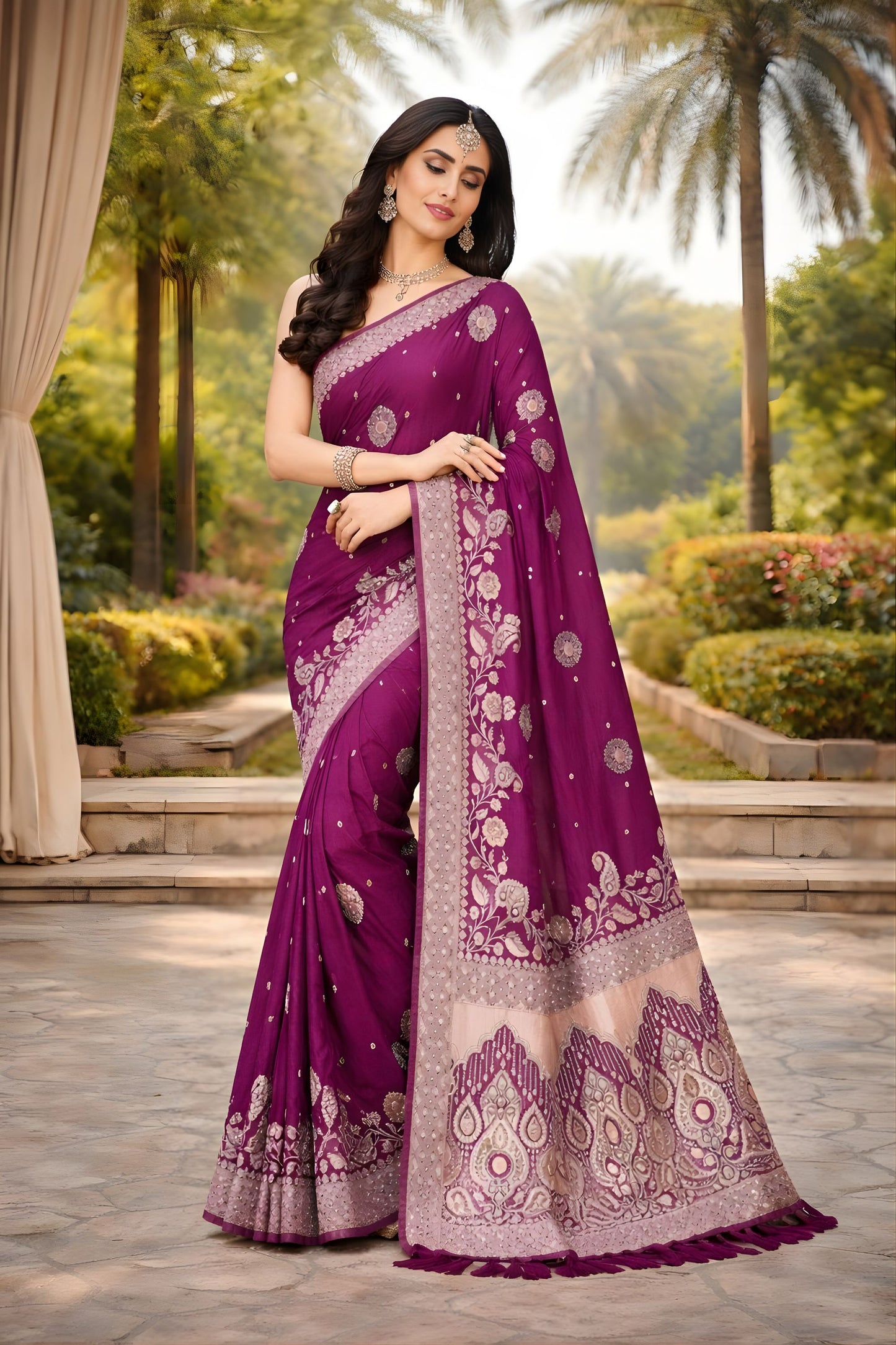 Purple Banarasi Silk Saree with Silver Zari Floral Weaving Traditional Wear
