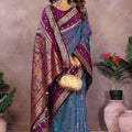 Blue Silk Saree with Wine Purple Zari Woven Border Designer Pallu