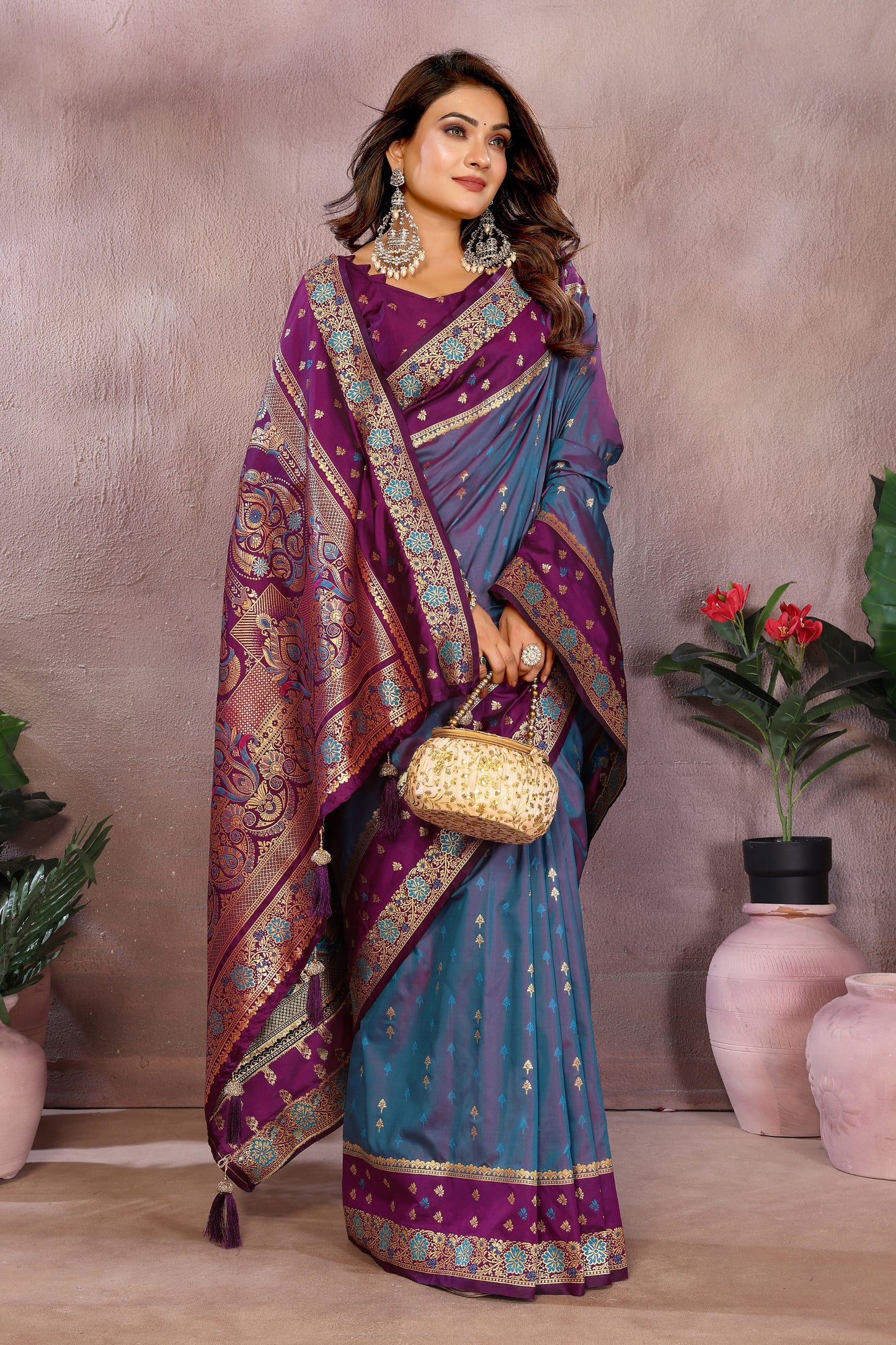 Blue Silk Saree with Wine Purple Zari Woven Border Designer Pallu