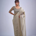 Light Gold Tissue Silk Saree with Zari Border Designer Blouse