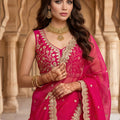 Rani Pink Organza Saree Golden Embroidered Border Designer Blouse