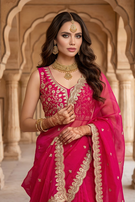 Rani Pink Organza Saree Golden Embroidered Border Designer Blouse