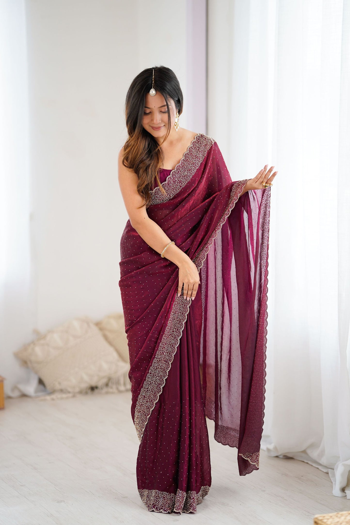 Maroon Party Wear Georgette Saree with Embroidered Border