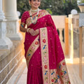 Rani Pink Floral Woven Linen Silk Saree Designer Peacock Border