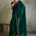 Bottle Green Chiffon Saree with Zari Border Embroidered Blouse