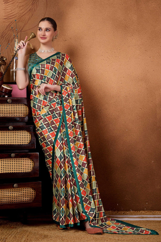 Multi Color Printed Saree with Contrast Border Designer Saree