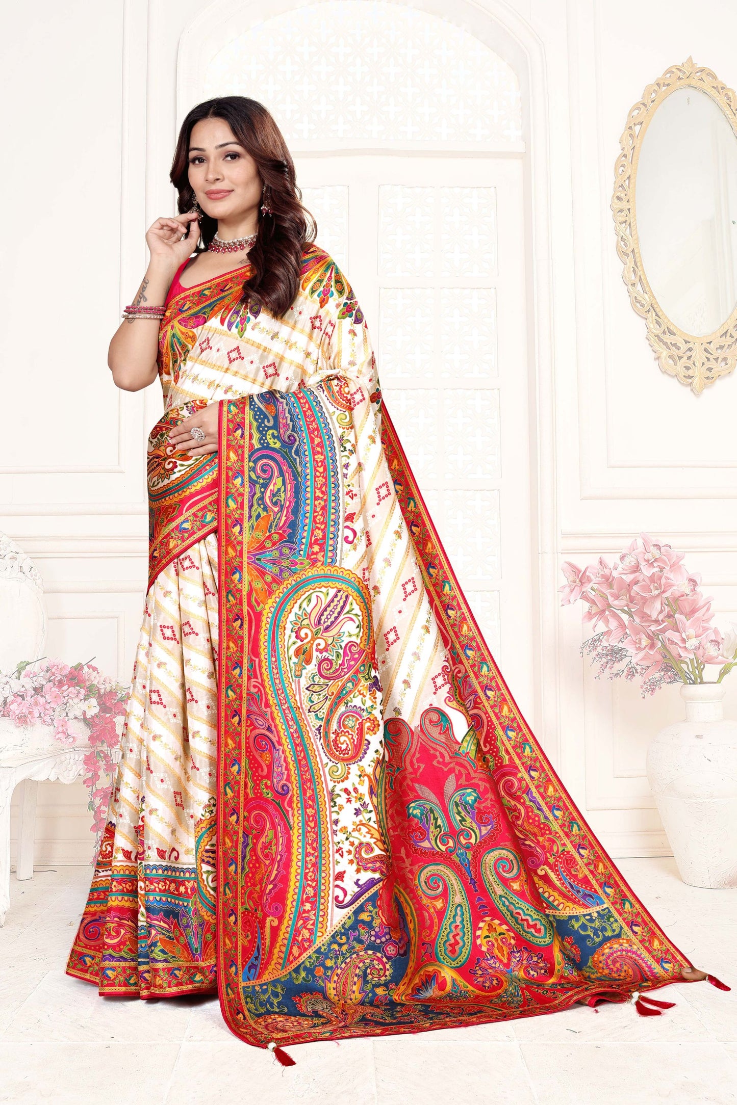 White Multicolor Printed Saree with Paisley Design Saree