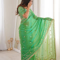 Luxury Parrot Green Organza Silk Saree with Golden Embroidered Border