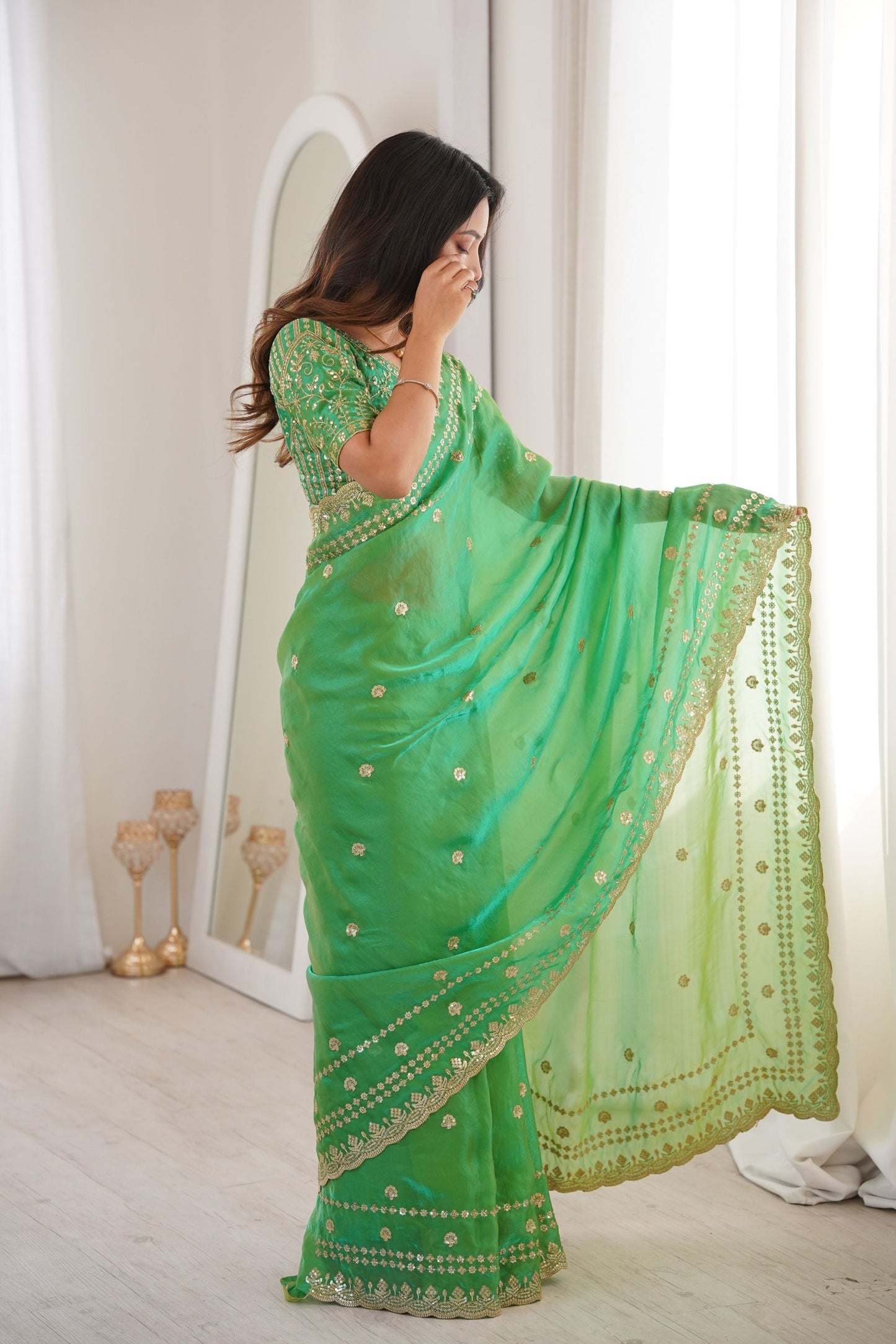 Luxury Parrot Green Organza Silk Saree with Golden Embroidered Border
