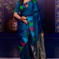 Royal Peacock Blue Soft Silk Saree Multicolor Designer Border Rich Zari Pallu