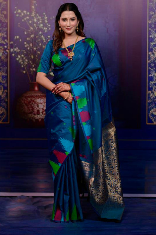 Royal Peacock Blue Soft Silk Saree Multicolor Designer Border Rich Zari Pallu