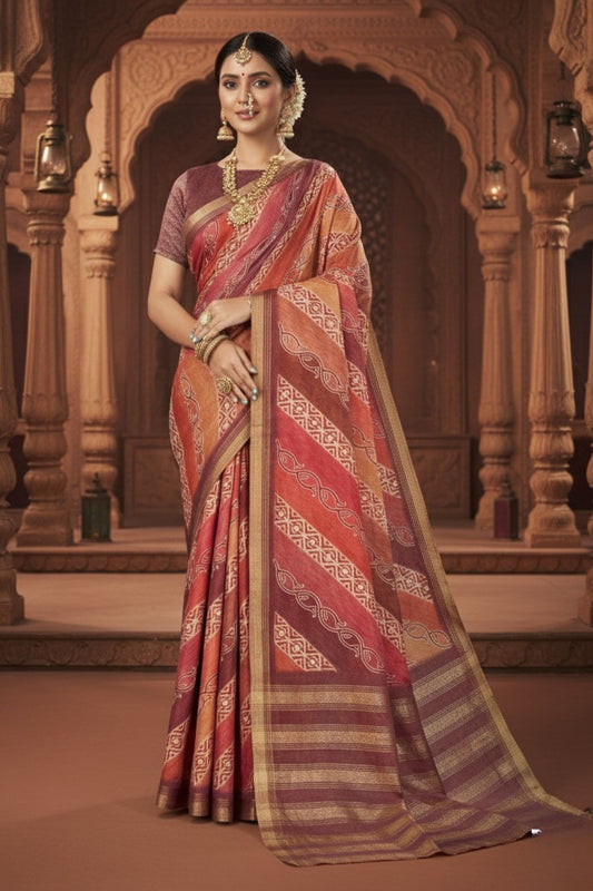  Red Orange Saree Traditional Banarasi Saree Festive Wear