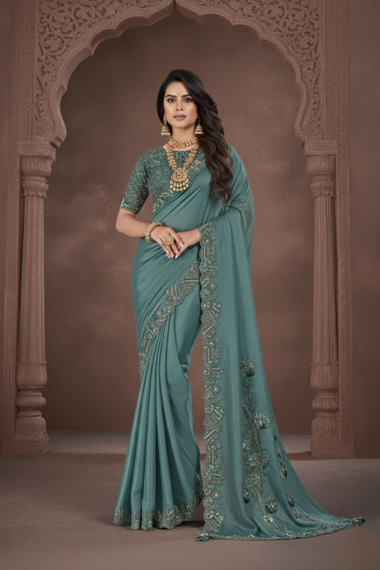 Teal Green Embroidered  Saree with Designer Blouse 