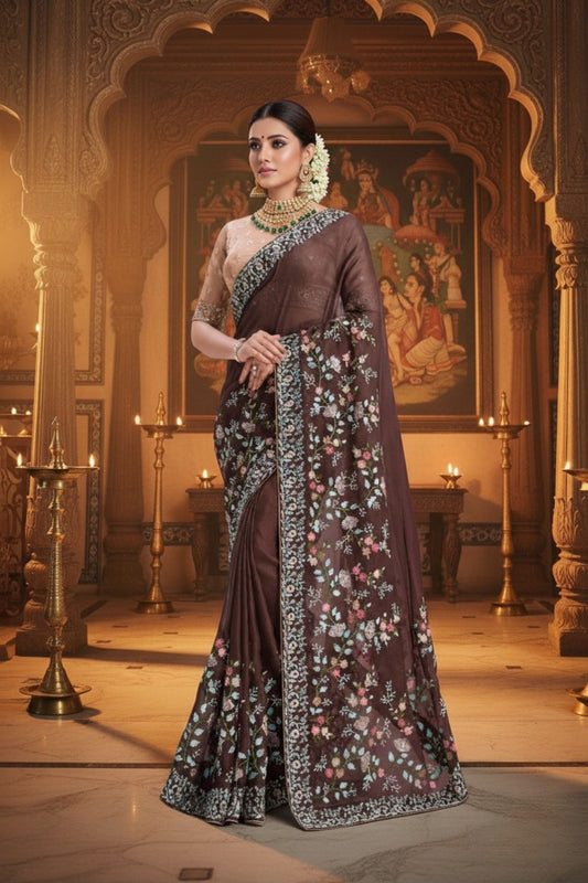 Brown Embroidered Silk Saree  Designer Blouse