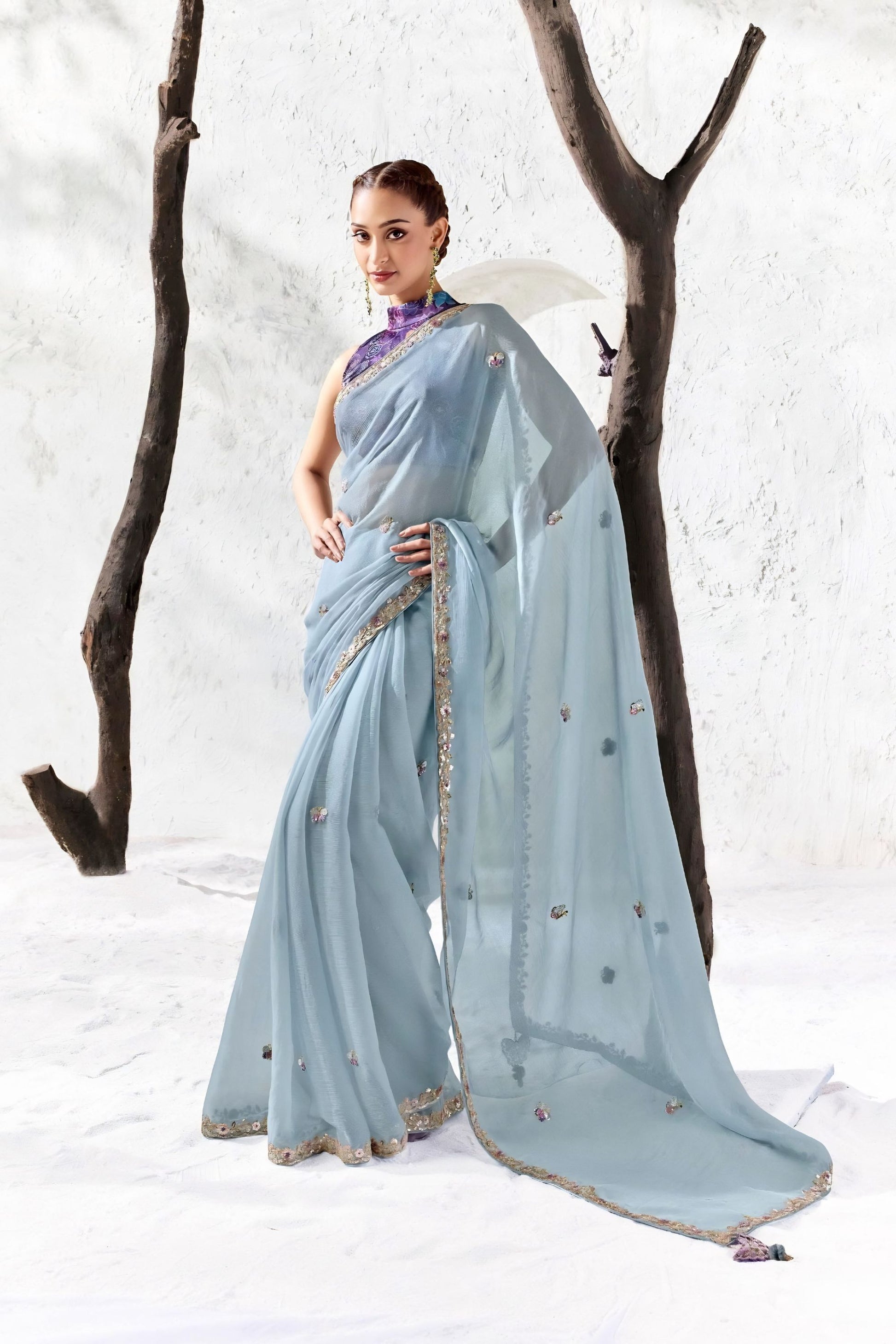 Royal Ice Blue Premium Luxe Silk Organza Saree Embroidery Work for Women