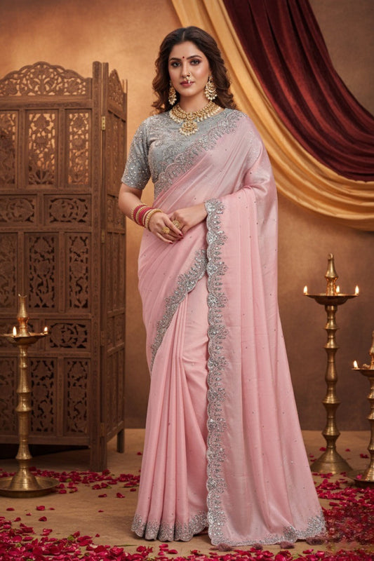 Designer Baby Pink Silk Saree Embroidery Blouse
