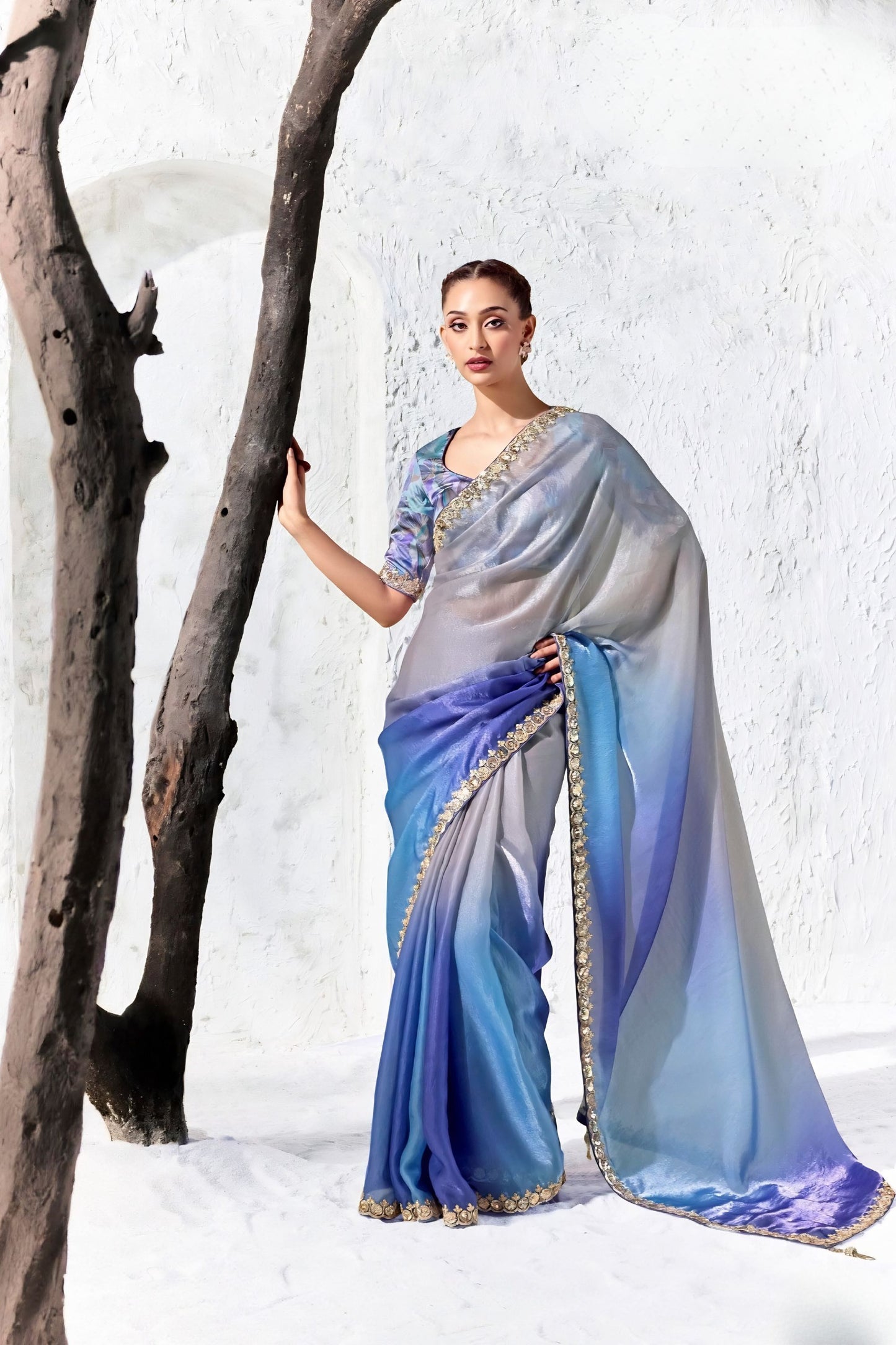 Premium Ice Blue Premium Luxe Silk Organza Designer Saree for Women
