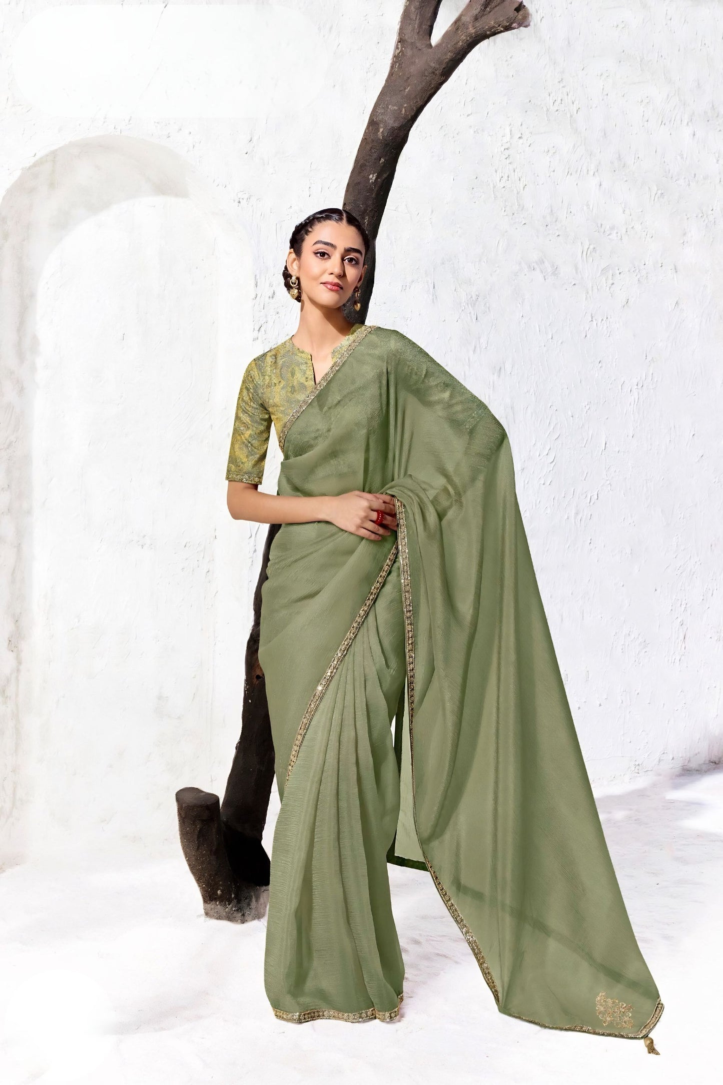 Graceful Olive Green Premium Luxe Silk Organza Saree Blouse for Women