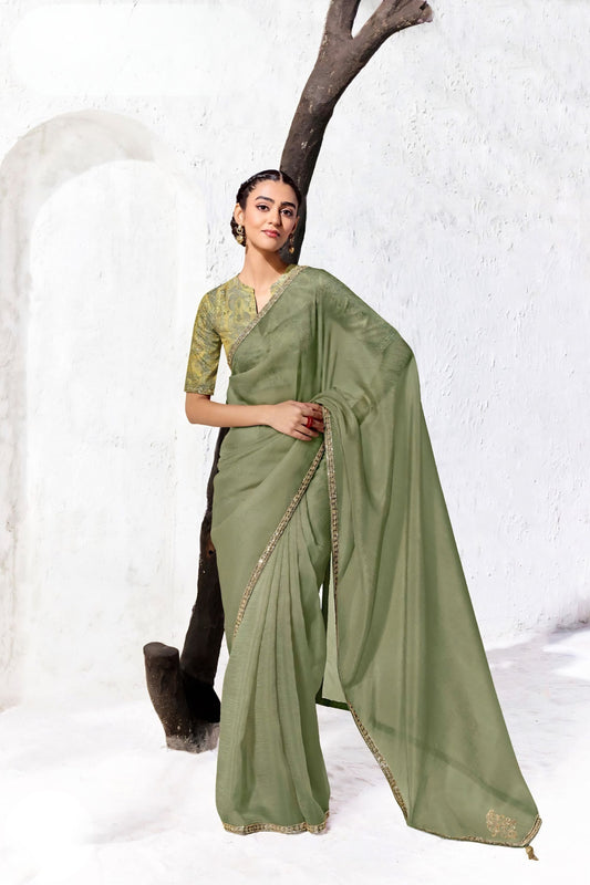Graceful Olive Green Premium Luxe Silk Organza Saree Blouse for Women