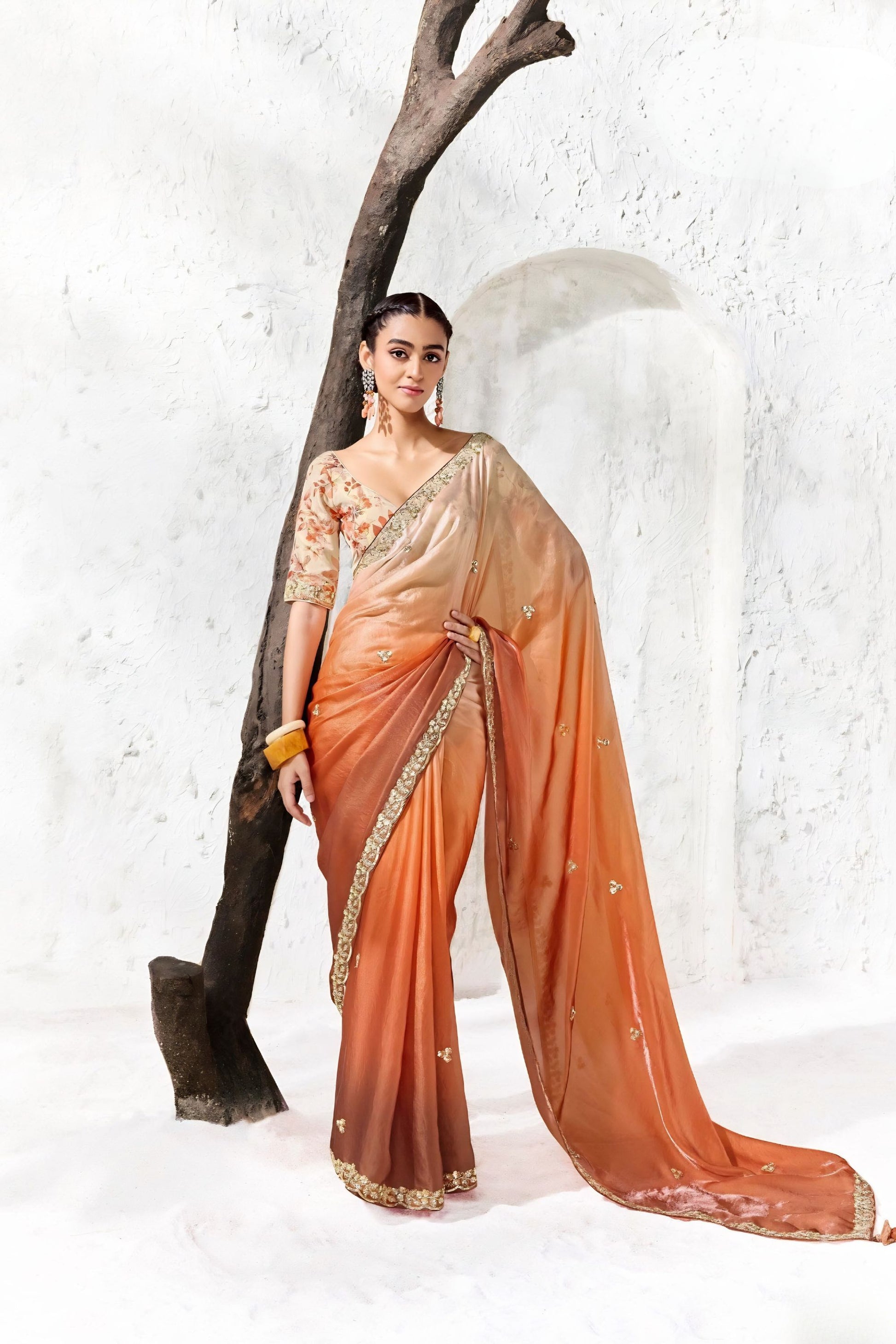 Lovely Peach Orange Premium Luxe Silk Organza Saree for Women