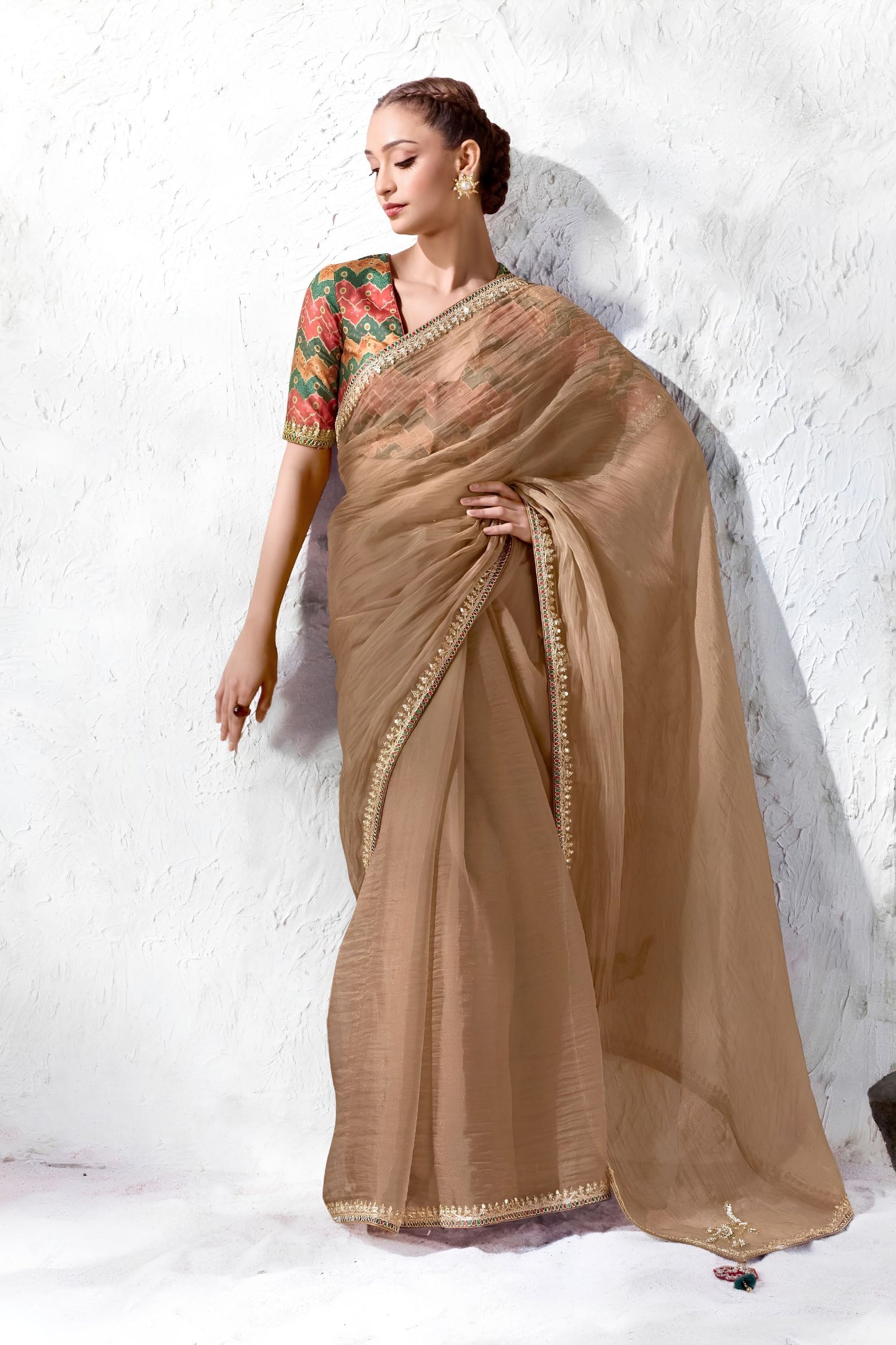 Stylish Brown Premium Luxe Silk Organza Designer Saree for Women