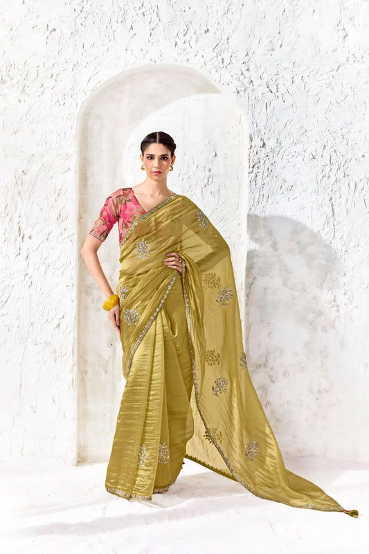 Luxury Olive Green Premium Luxe Silk Organza Designer Saree for Women