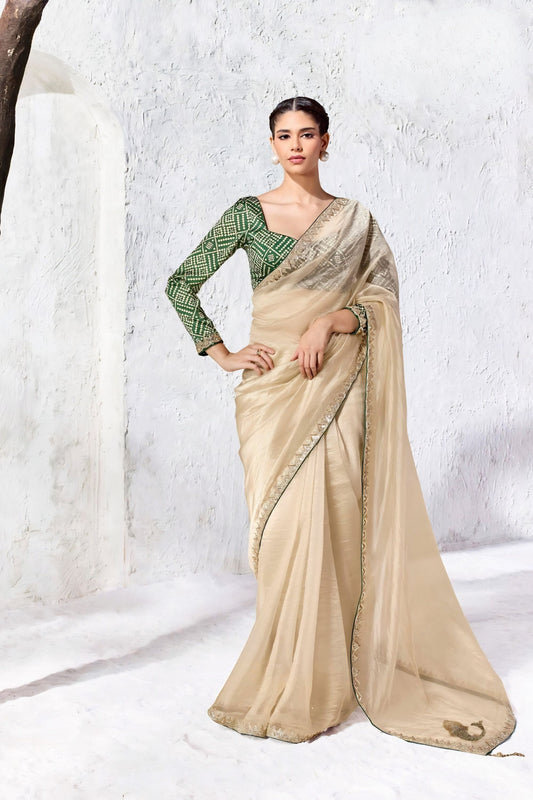 Awesome Beige Premium Luxe Silk Organza Saree Blouse for Women