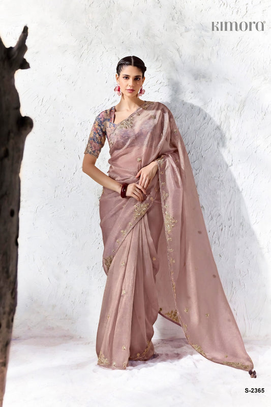 Dusty Pink Premium Luxe Silk Organza Saree  Embroidery Work for Women