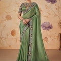 Green Banarasi Silk Saree Matching Blouse Traditional Festive Wear
