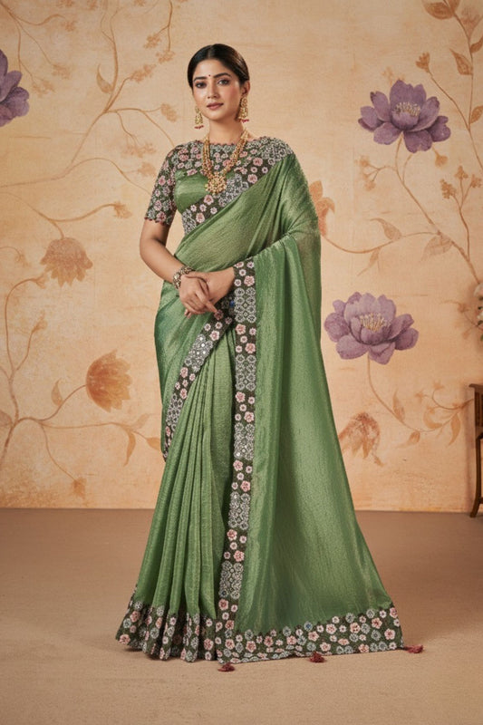  Green Banarasi Silk Saree Matching Blouse Traditional Festive Wear