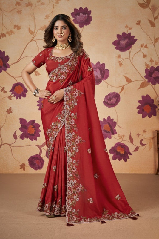 Red  Banarasi Silk Saree Matching Blouse Traditional Saree 