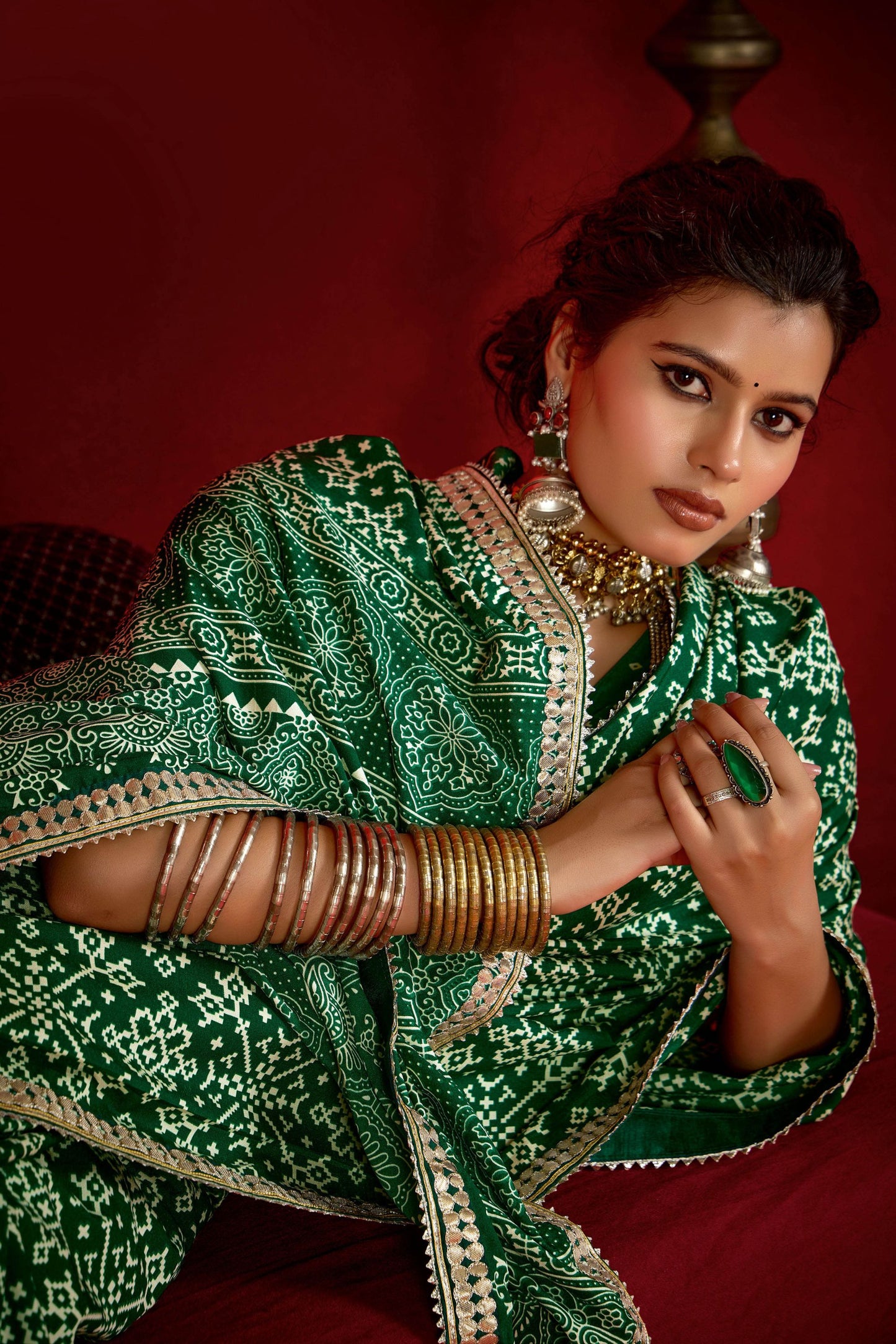 Green Bandhani Print Georgette Saree with Golden Border Festive Wear