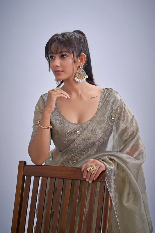 Light Gold Tissue Silk Saree with Zari Border Designer Blouse