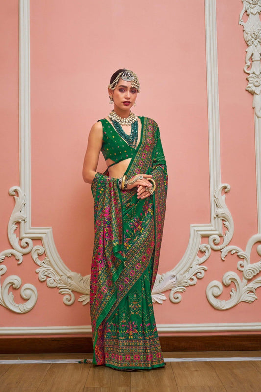Elegant Green Patola Printed Silk Saree Matching Blouse Festive Wear