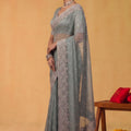 Dusty Blue Net Saree Heavy Silver Embroidered Border Designer Blouse