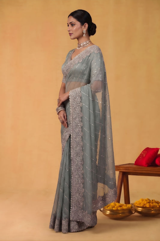Dusty Blue Net Saree Heavy Silver Embroidered Border Designer Blouse